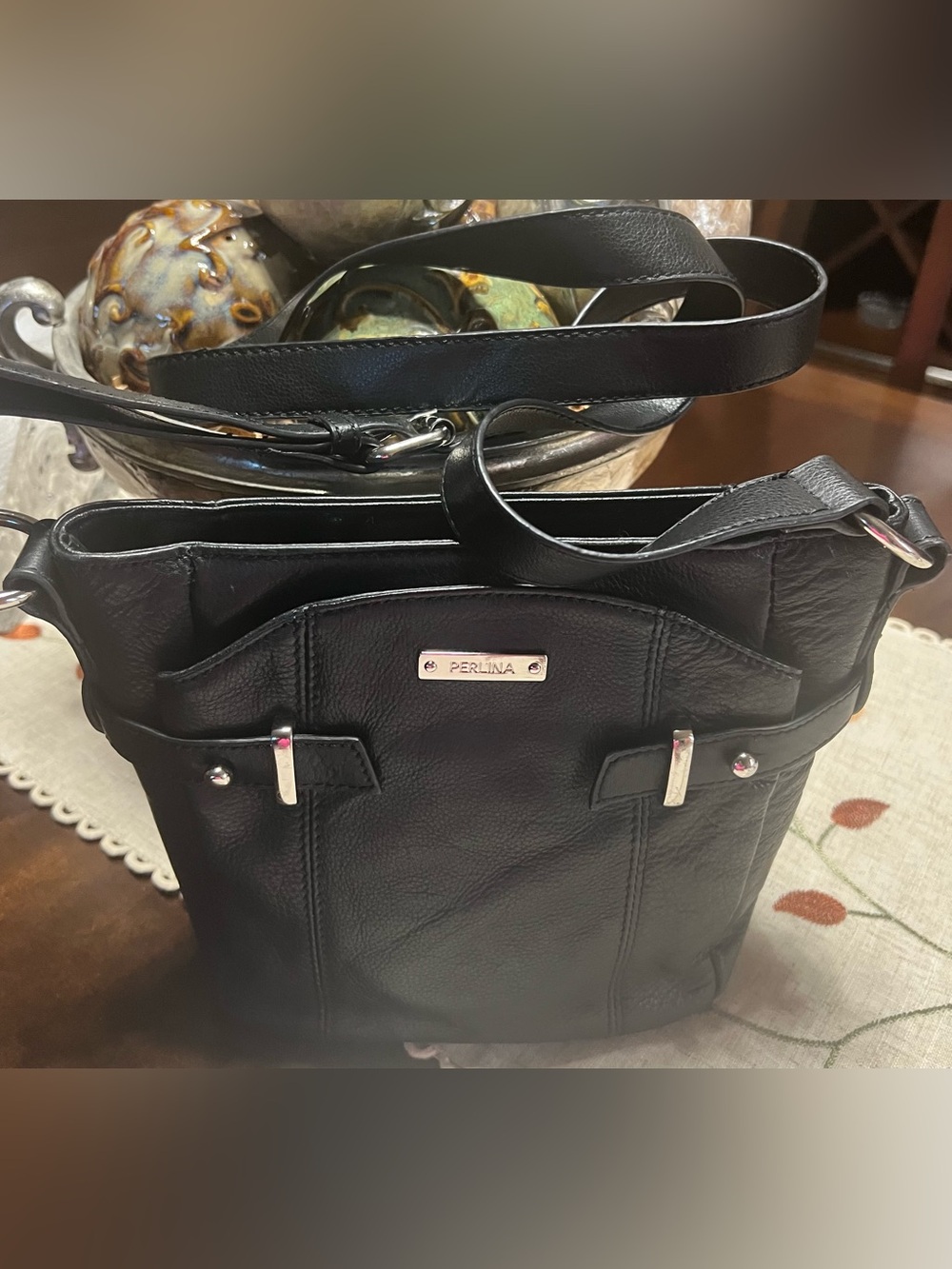 Perlina Black Pebbled Leather Crossbody with Silver Hardware